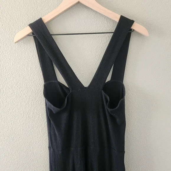 Reformation Landry Jumpsuit Medium Black Ribbed Knit Square Neck Button Lyocell - Picture 5 of 11